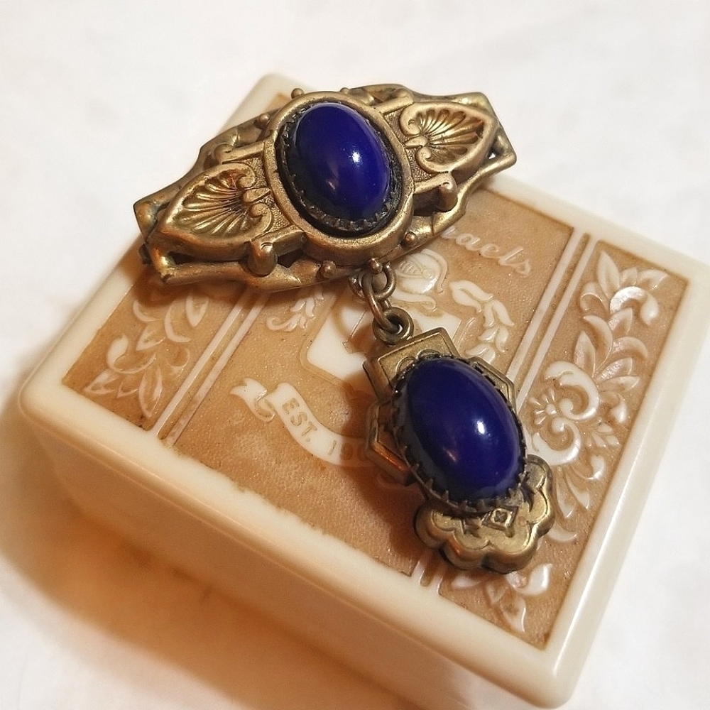 Antique Victorian Reppousse Cobalt Glass Lavaliere Brooch